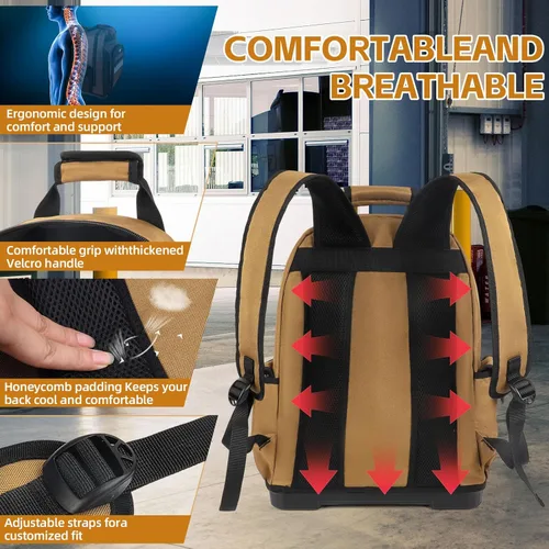 Miniatura 6 de Mochila para herramientas, mochila de herramientas resistente con base moldeada impermeable, paquete de trabajo para electricista para herramientas