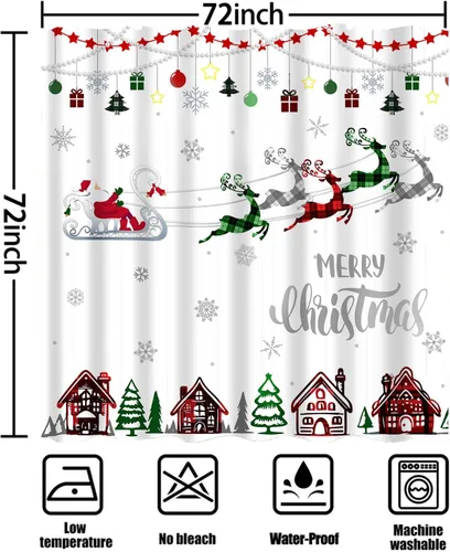 Miniatura 7 de Cortina de ducha de Feliz Navidad, trineo de Papá Noel, reno, copo de nieve, vacaciones, cuadros rojos y verdes, juego de cortinas de ducha