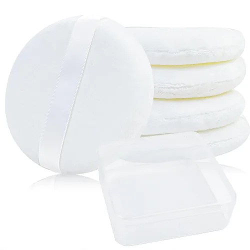 Paquete de 5 soplos de polvo corporal extra grandes y recipiente, algodón suave de 4.13 pulgadas con recipiente redondo lavable para mujer, bebé,