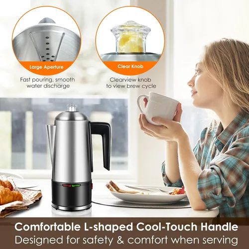 Miniatura 7 de Percolador de café eléctrico de 12 tazas, cafetera percoladora de 800 W, acero inoxidable con perilla transparente, mango de tacto frío, percolador