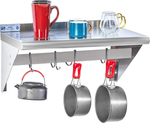 Miniatura 18 de Hally Estante de Acero Inoxidable con 6 Ganchos 12" x 36" Estante para Ollas Montado en Pared, Estantería Flotante Comercial NSF para Almacenamiento