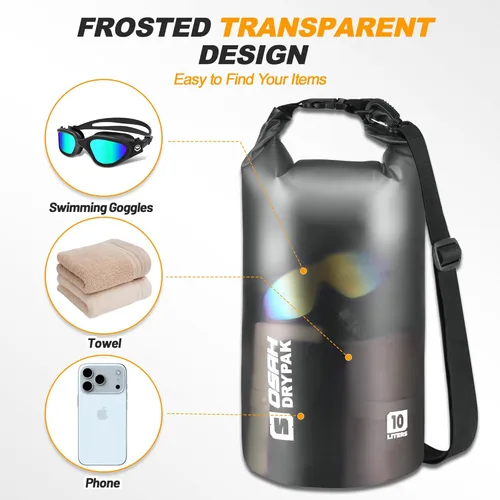 Miniatura 6 de Bolsa seca impermeable, 5L/10L/20L/30L/40L Mochila de almacenamiento ligera con funda para teléfono para mujeres y hombres, saco impermeable Negro