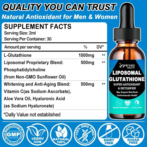 Miniatura 2 de Suplemento líquido de glutatión liposomal, forma activa L-glutatión con aceite de aloevera, vitamina C y ácido hialurónico para desintoxicación