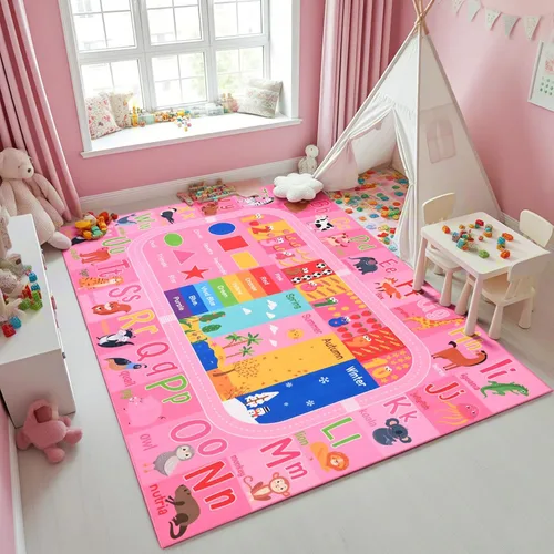 Alfombra Rosa para Niños para Sala de Juegos y Aula, Alfombras de Juego con Alfabeto ABC y Números para Niños Pequeños, Tapete Educativo de