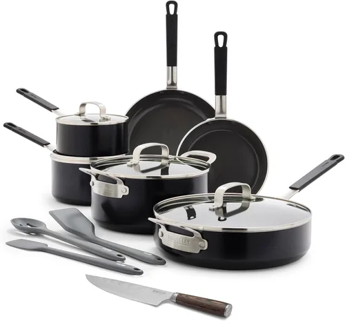 GreenPan Bobby Flay - Juego de ollas y sartenes de 13 piezas y cuchillo de chef de 8 pulgadas. Antiadherente de cerámica sin PFAS y PFOA, apto para