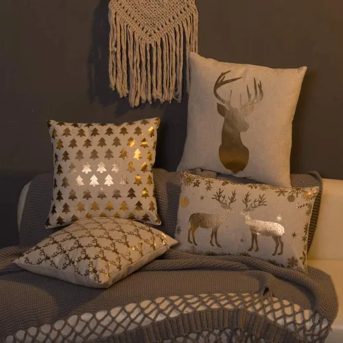 Miniatura 9 de JWH Funda de almohada decorativa de ciervos amantes de la Navidad, con estampado dorado, funda de almohada de lino, cojín de invierno