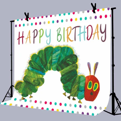 Miniatura 4 de Fondo de fotografía de feliz cumpleaños para fiesta temática de oruga, 7 x 5 pies, dibujos animados de insectos de color arco iris para niños