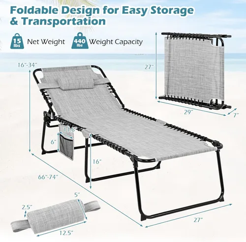 Miniatura 3 de Tangkula Widen - Sillón plegable y reclinable, portátil con 4 posiciones de respaldo, 2 posiciones de patas, almohada, silla de playa para tomar
