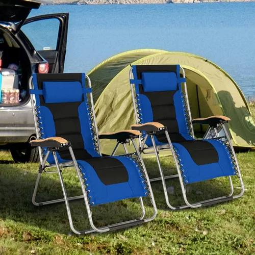 Miniatura 2 de Goplus Sillón plegable de gravedad cero, silla de patio reclinable acolchada de gran tamaño con reposabrazos de haya y almohada para la cabeza