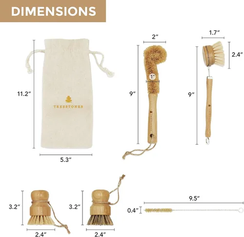 Miniatura 5 de Juego de cepillos de bambú natural con soporte - Cepillo de madera ecológico para platos