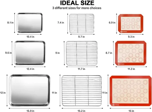 Miniatura 2 de Bandeja de acero inoxidable para hornear con alfombrilla de silicona para hornear, bandeja para galletas con estante de enfriamiento, juego de 9