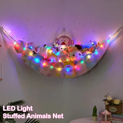 Miniatura 6 de Basumee Hamaca de animales de peluche con luz LED, organizador de red de juguetes de peluche, organizador de esquina para almacenamiento de animales