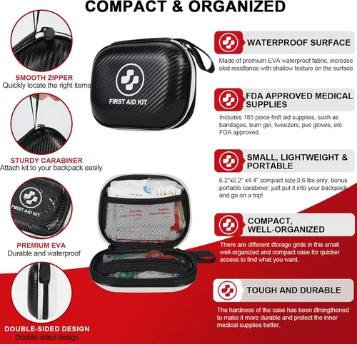 Miniatura 4 de Kit de primeros auxilios pequeño – Kit de emergencia impermeable de 185 piezas para el hogar, coche, viajes, camping, senderismo y al aire libre