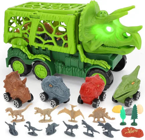 Miniatura 7 de TOY Life Camión de Dinosaurio Jurásico con Pista y Luces y Sonidos, Juguetes de Dinosaurio Triceratops para Niños de 3 a 5, Juego de Transporte