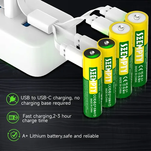 Miniatura 4 de Paquete combinado de baterías recargables AA y AAA, 1.5 V USB-C de litio doble A 3400 mWh y triple A de 900 mWh con cable 4 en 1 de carga rápida