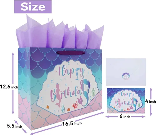 Miniatura 2 de Qirrmiy Juego de bolsas de regalo de cumpleaños de sirena extra grande de 16.5 pulgadas con asas, tarjeta de felicitación, papeles de seda morados