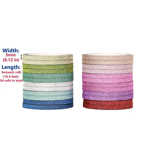 Miniatura 2 de YUKUNTANG Juego de cinta adhesiva Washi con purpurina, 24 rollos, 3mm x 120,6 metros, cinta adhesiva decorativa de lámina metálica brillante