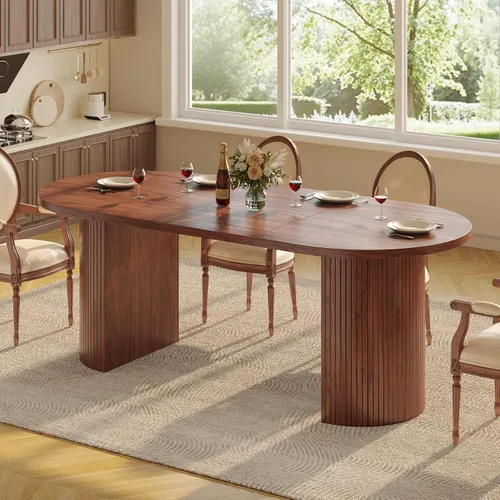 Miniatura 4 de ONBRILL Mesa de comedor de 70.8 pulgadas para 4-6, mesa de comedor ovalada con base de tira de madera acanalada curvada, mesas de cocina modernas