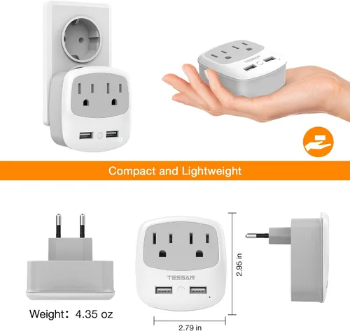 Miniatura 10 de Convertidor de adaptador de enchufe de viaje europeo, convertidor de enchufe de alimentación internacional TESSAN con 2 USB, adaptador de salida