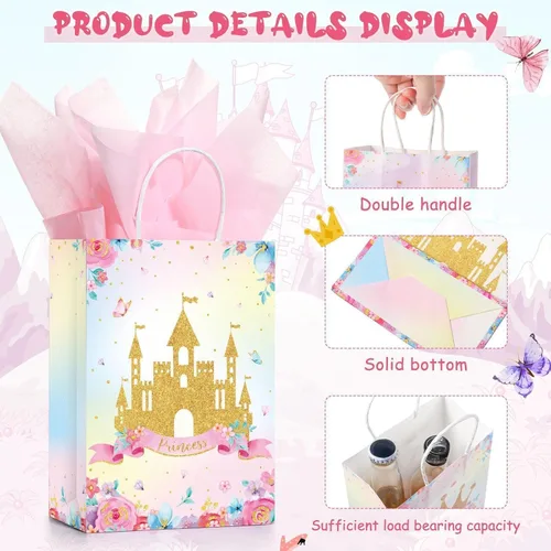 Miniatura 4 de Nezyo 16 bolsas de recuerdo de fiesta de princesa príncipe con asas y papel de seda, bolsas de regalo para cumpleaños, baby shower, regalos