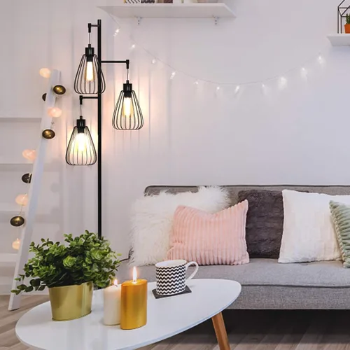 Miniatura 4 de Tangkula - Lámpara rústica de árbol de 3 cabezas, lámpara de pie de metal de 67 pulgadas con 3 pantallas colgantes, iluminación de jaula para sala
