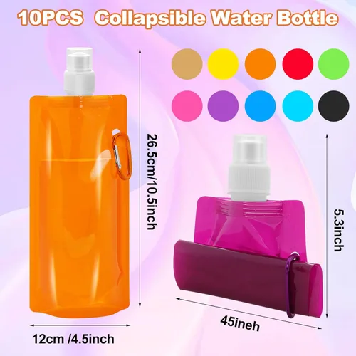 Miniatura 2 de 10 botellas de agua plegables plegables de 16.2 fl oz, a prueba de fugas con mosquetón, sin BPA, bolsas reutilizables para viajes, gimnasio