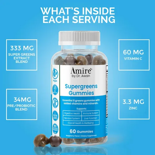 Miniatura 5 de Amire by Dr. Awan Super Greens Gomitas, suplemento de frutas y verduras, superalimento verde para la inmunidad, metabolismo, función hepática