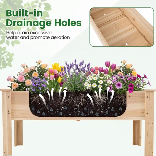 Miniatura 5 de HAPPYGRILL Cama de jardín elevada, maceta de madera con patas, 5 agujeros de drenaje, cama de jardín elevada para verduras y flores, contenedor
