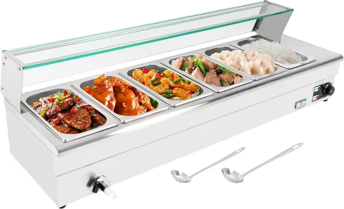 LOYALHEARTDY Calentador de alimentos comercial, 110 V, 1200 W, calentador de alimentos Bain Marie, 6 sartenes x 1/3 GN grado alimenticio 201 acero
