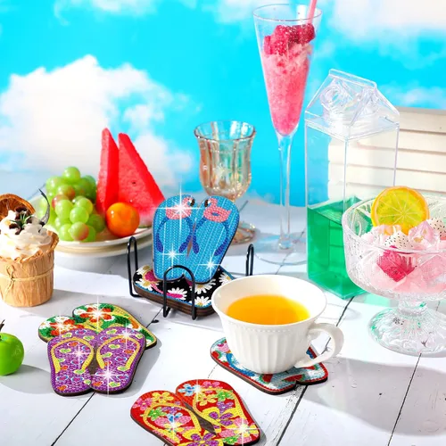 Miniatura 2 de Shellwei 8 posavasos de arte de diamantes para verano, Hawaii, tropical, playa, con soporte para manualidades, regalo, fiesta de adultos