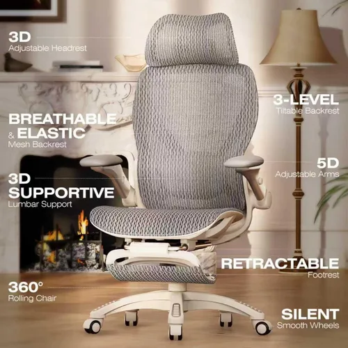 Miniatura 3 de ELABEST X100 Silla de oficina ergonómica con reposapiés, silla de escritorio grande y alta con brazos abatibles 5D, soporte lumbar 3D ajustable