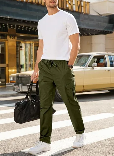 Miniatura 4 de JMIERR Mens Casual Cargo Pants Elastic Waist Drawstring Stretch Relaxed Fit Tactical Joggers Work Pants Multi Pockets