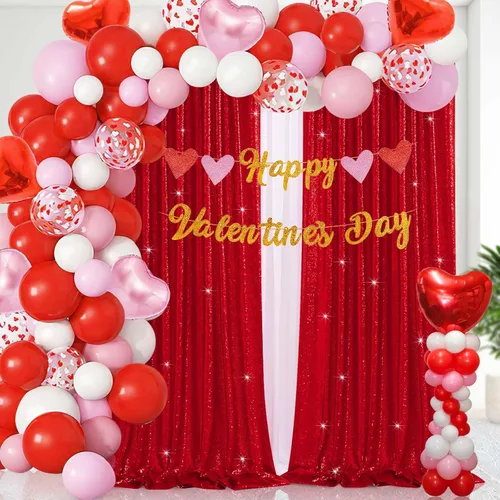 Miniatura 3 de Cortinas con lentejuelas doradas, 2 unidades de 2 x 8 pies, con brillantina, telón de fondo para bodas Rojo