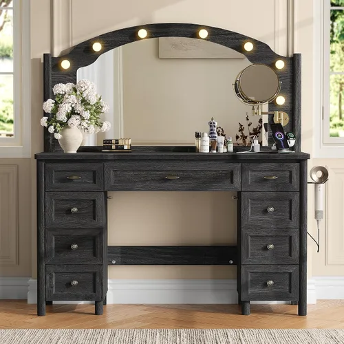 Miniatura 7 de STO'SENSE Escritorio de tocador con espejo y luces, mesa de tocador de maquillaje con 9 cajones, espejo de aumento y toma de corriente, tocador Negro