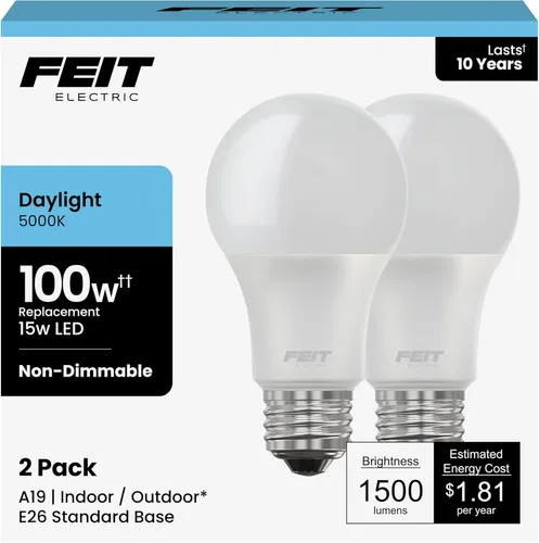 Miniatura 18 de Feit Electric Bombillas LED A19, equivalente a 100 W, no regulables, 1500 lúmenes, base estándar E26, blanco suave de 2700 K, 80 CRI, vida útil