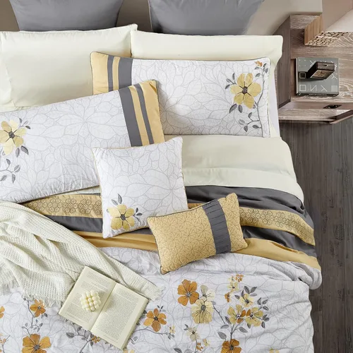 Miniatura 3 de Stratford Park Fantástico juego de edredón floral de 12 piezas, tamaño King, diseño moderno, gris/amarillo, falda de cama a juego, almohadas y Gris-1