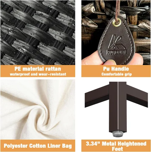 Miniatura 5 de Cesta de lavandería con 3 bolsas extraíbles con forro extraíble, cesta de lavandería de ratán tejida a mano de 132 litros con pies elevados