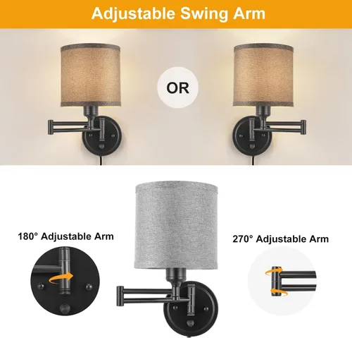 Miniatura 7 de GOODATE Apliques de pared regulables, lámpara de pared con brazo oscilante, juego de dos apliques de pared, lámpara de pared enchufable, juego de 2