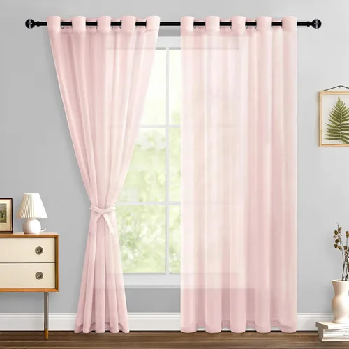 Miniatura 73 de Hiasan - Cortinas traslúcidas de gasa cortas semitransparentes con ojales y alzapaños filtrantes de luz para ventana, dormitorio, baño, 2 paneles