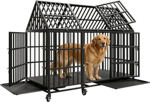 Miniatura 13 de Jaula para perros indestructible de 44 pulgadas con ruedas, jaula de acero a prueba de escapes para interiores, doble puerta, alta ansiedad