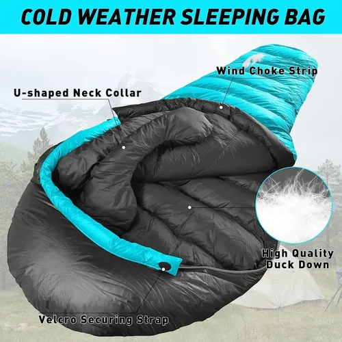 Miniatura 2 de Saco de dormir de plumón de 32/15 grados F, 550/650 plumón de potencia de relleno de plumón para clima frío, saco de dormir para adultos