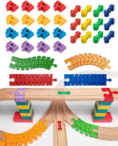 Conjunto de accesorios para pista de tren de madera, 32 piezas de conectores de pista, compatible con todas las principales marcas de vías de tren