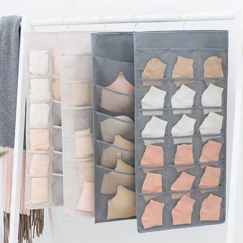 Miniatura 5 de Organizador colgante de armario con bolsillos de malla y gancho de metal giratorio, estante de pared de doble cara, bolsas de almacenamiento