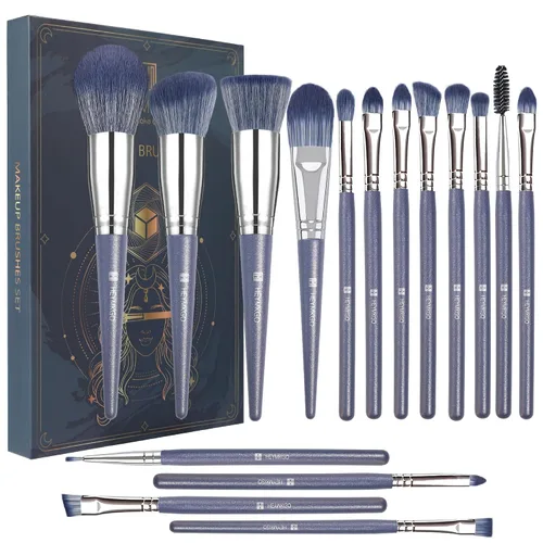 Brochas de Maquillaje, HEYMKGO Juego de 16 Brochas de Maquillaje Profesionales Sintéticas para Base Difuminado Rubor Brochas Faciales, Kit de Azul