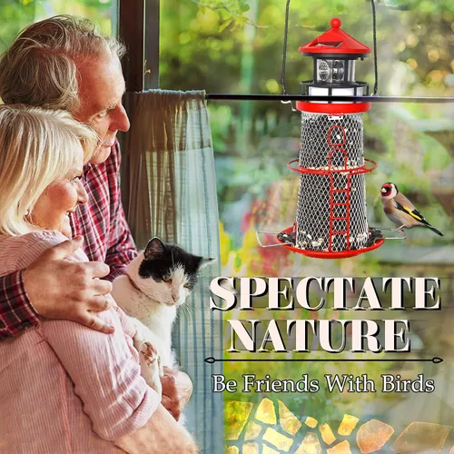 Miniatura 4 de Comedero Solar para Pájaros Faro con Baliza Giratoria - 14" Colgante Mejor Regalo de Comedero para Amantes de las Aves (Rojo Manzana).