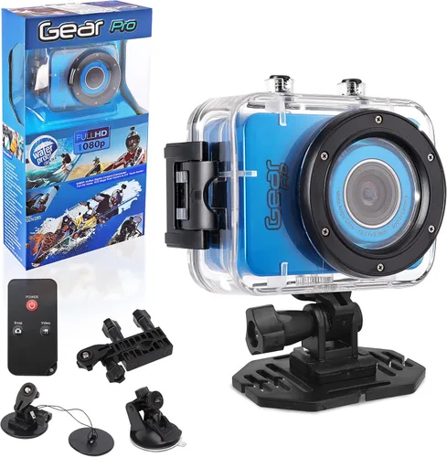 Sound Around Gear Pro Sports Action Camera - Mini videocámara HD 1080P con cámara de 12 MP, pantalla táctil de 2.4 pulgadas, tarjeta USB SD HDMI,