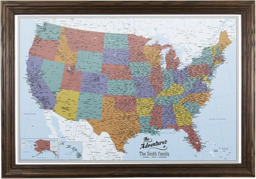 Miniatura 13 de Push Pin Travel Maps Lienzo personalizado Blue Oceans USA con marco gris de madera de granero