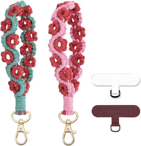 Correa de muñeca bohemia de macramé para teléfono, cordón para teléfono celular con pestaña de amarre, dije de llavero, cadena de teléfono Flores
