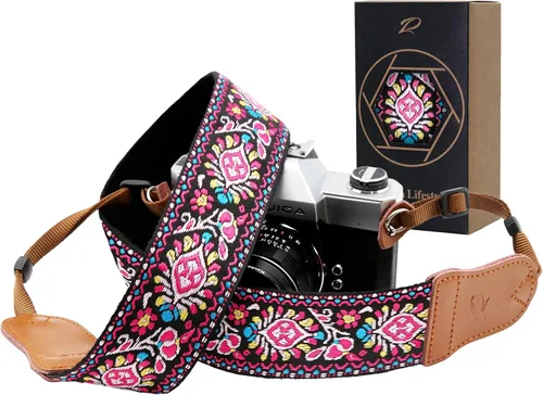 Miniatura 10 de Padwa Lifestyle Correa para cámara de flores marrones, correa de algodón de doble capa de piel de vaca de 2 pulgadas de ancho, bordado jacquard Flor