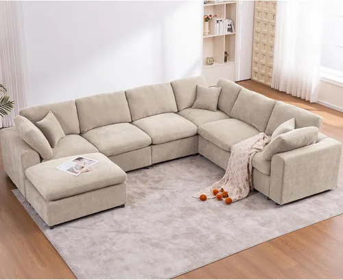 Miniatura 11 de Sofás modulares de nube seccionales para sala de estar, sofá modular grande con otomana, sofá de 3 plazas en forma de L con almohada, color beige
